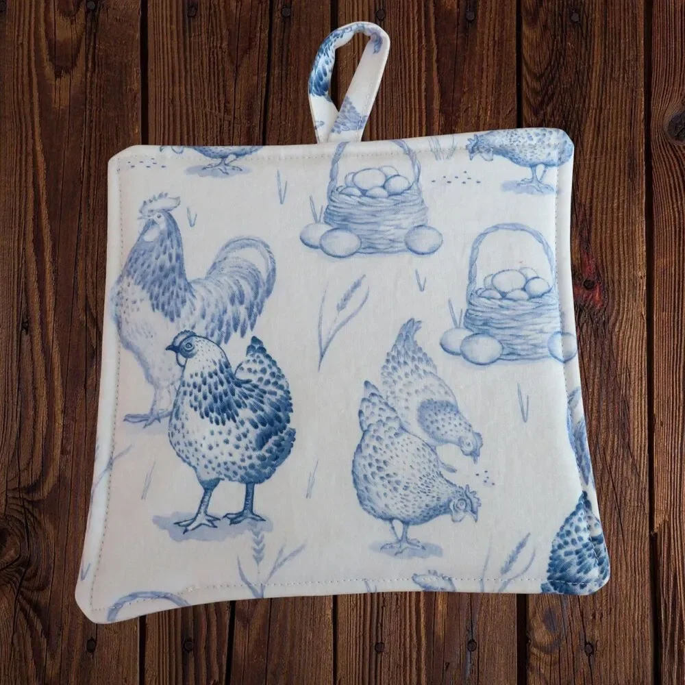 Handmade Potholder, Blue Chickens